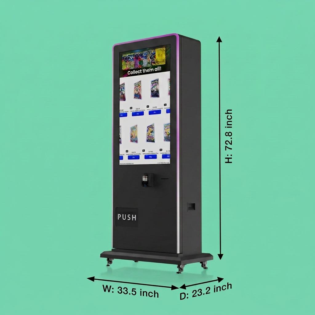 Slim Pack Tower 2.0 TCG vending machine, front view with dimensions